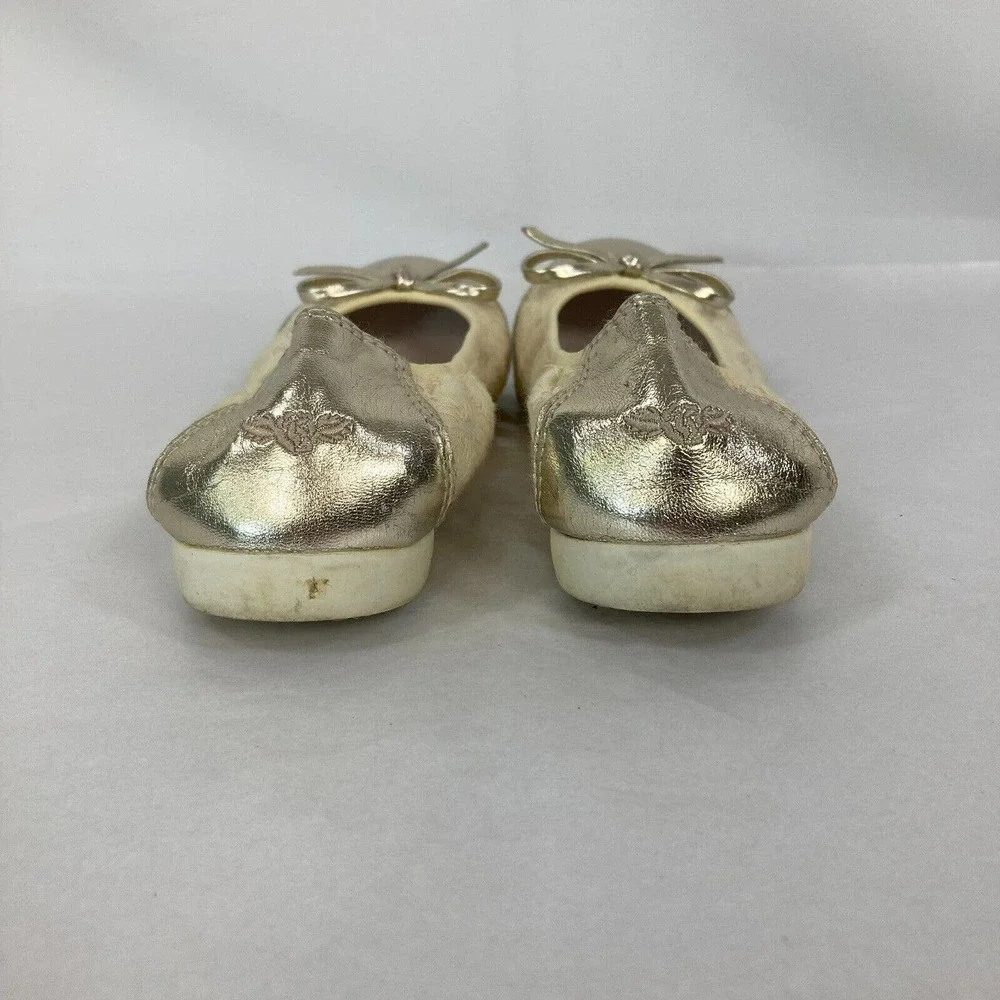 Lelli Kelly‎ Shoes Girls Sz 4.5 Ivory Eyelet Gold Leather Ballet Flats Cap Toe